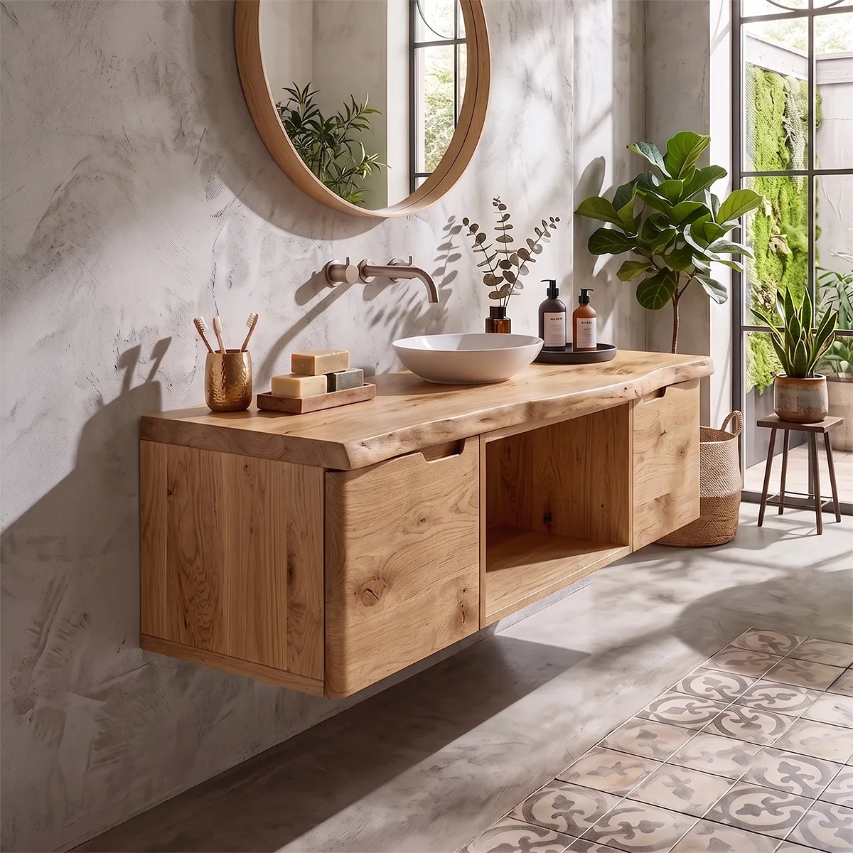 Floating Solid Wood Bathroom Vanity | Live Edge Bathroom Vanity with Double Door Storage and Open Shelf TT006-5OZQ9AW