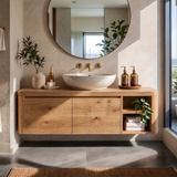 Floating Solid Wood Bathroom Vanity | Wall Mounted Single Sink Vanity with 2 Hinged Cabinets & Open Shelf TT006-6DFI9SI