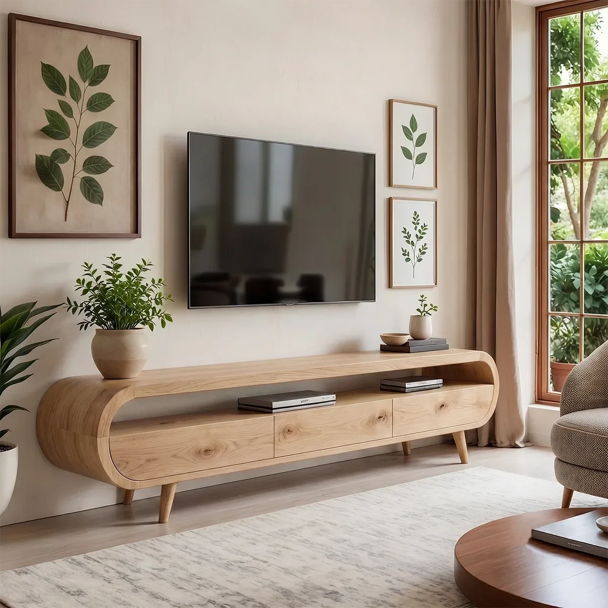 Modern Organic TV Stand with Open Shelf | Three Drawer Media Console TT006-6OAK3NB