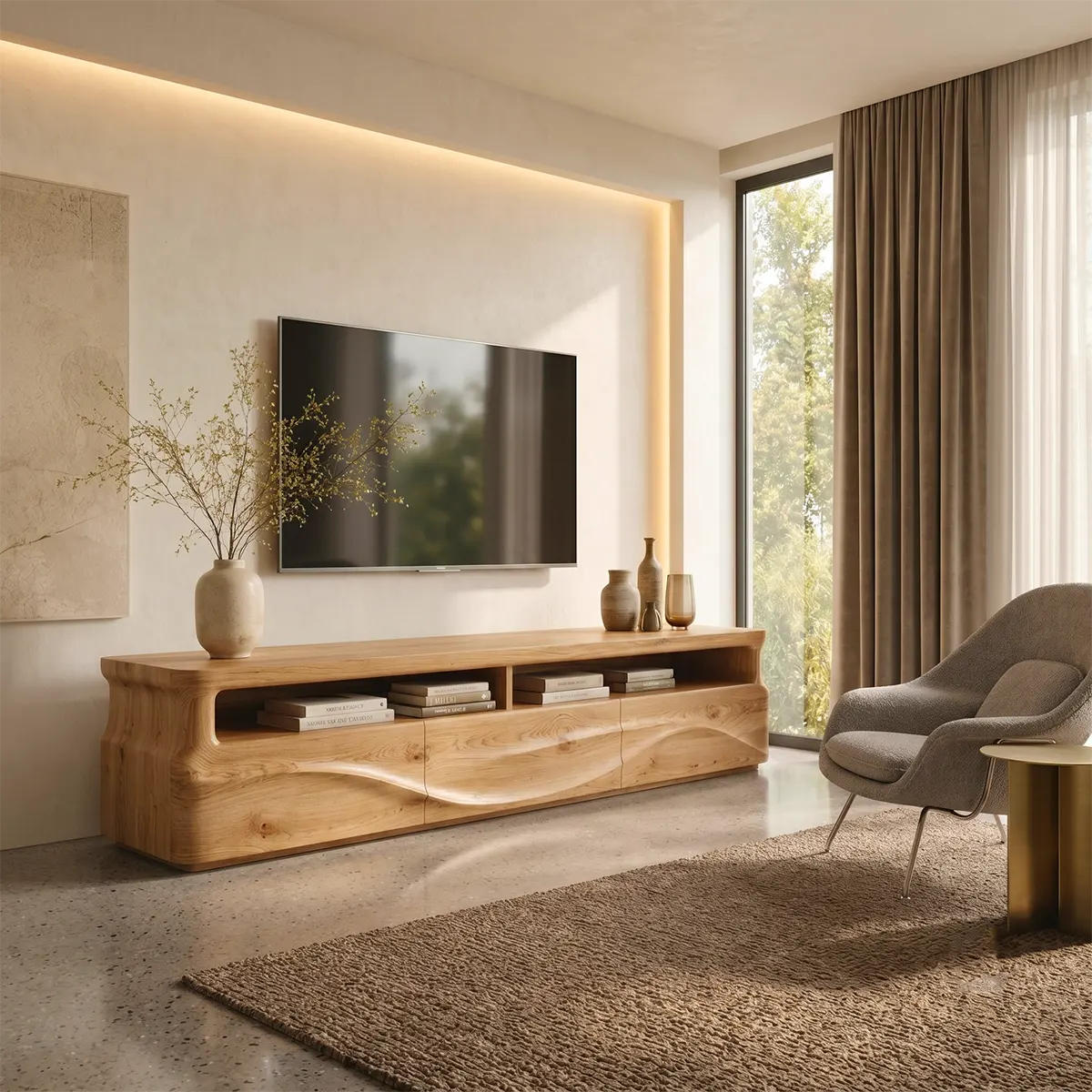 Modern Organic TV Stand with Sculpted Cabinets | Open Display Media Console TT006-5EKO4LA