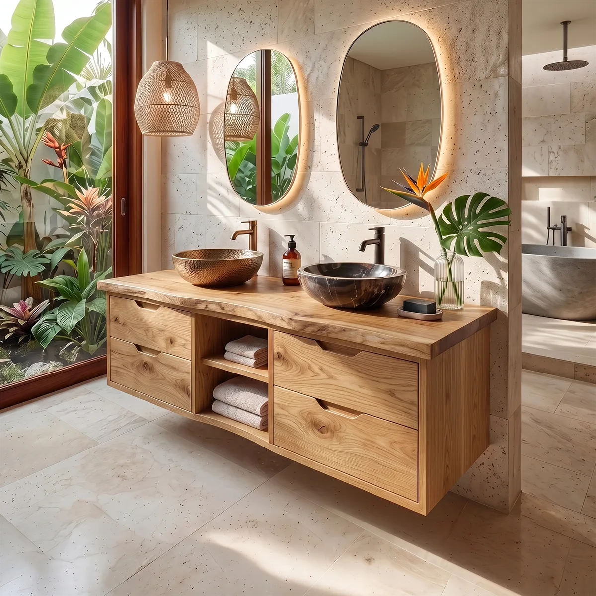 Double Sink Floating Solid Wood Bathroom Vanity | Modern Bathroom Vanity with Four Drawers and Open Shelves TT006-9FKJ3AR