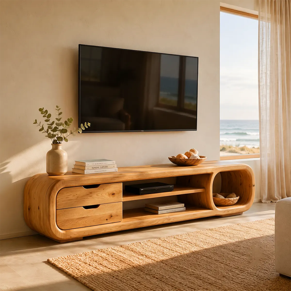 Sculptural Curved TV Stand with 2 Drawers & Open Shelves | Modern Low Profile Media Console