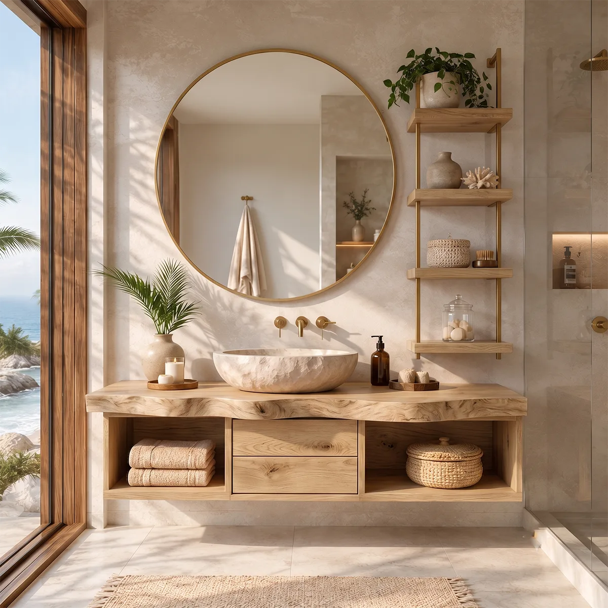 Floating Solid Wood Bathroom Vanity | Modern Wall Mounted Bathroom Vanity with Storage