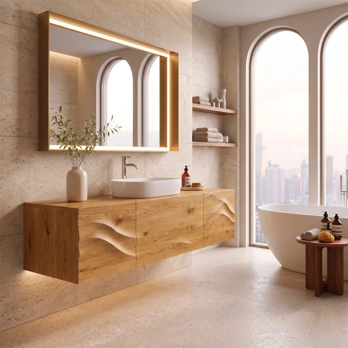 Floating Bathroom Vanity with 3 Doors | Sculpted Wave Front & Handleless Design