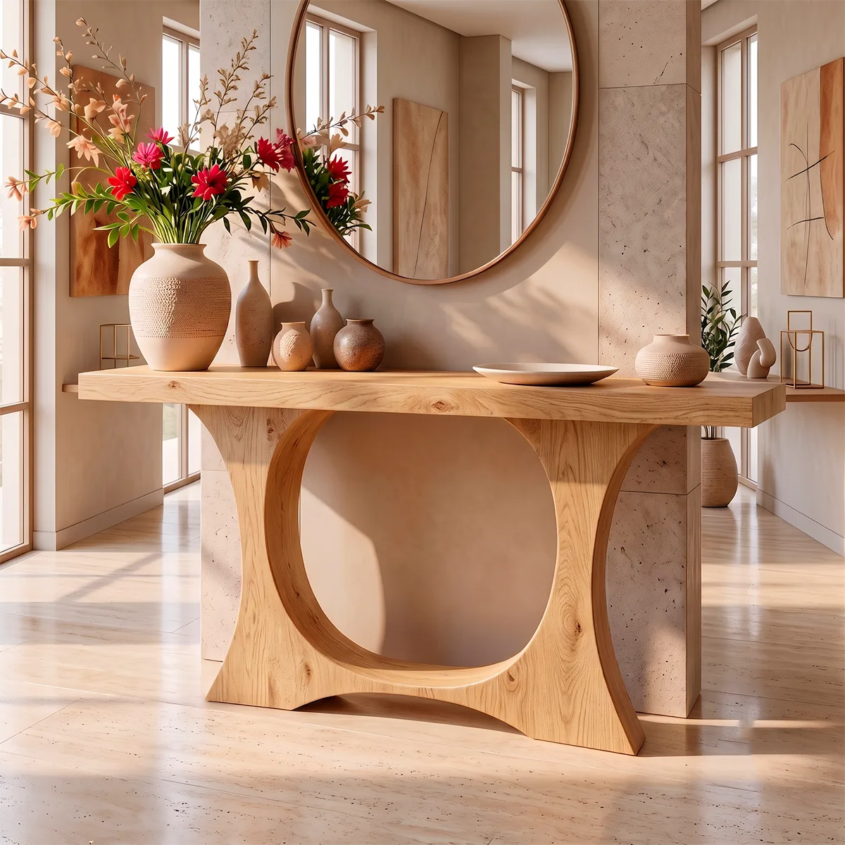 Modern Wooden Console Table with Sculptural Circular Base for Entryway & Hallway TT006-5238