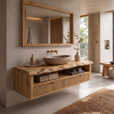 Floating Solid Wood Bathroom Vanity | Live Edge Bathroom Vanity with Fluted Drawers and Open Shelf TT006-8ZMT8QZ