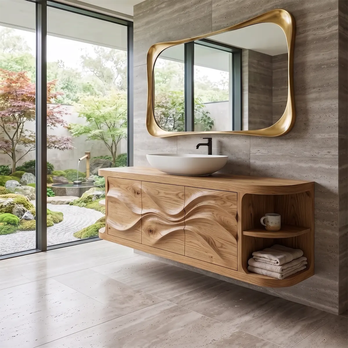 Modern Floating Bathroom Vanity with Wave Carved Doors & Open Shelves | Solid Wood Wall Mounted Bathroom Vanity TT006-8NEC3KF