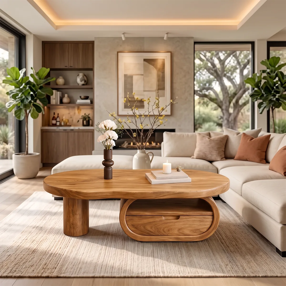 Organic Wood Coffee Table with Drawer and Open Shelf | Sculptural Oval Living Room Center Table