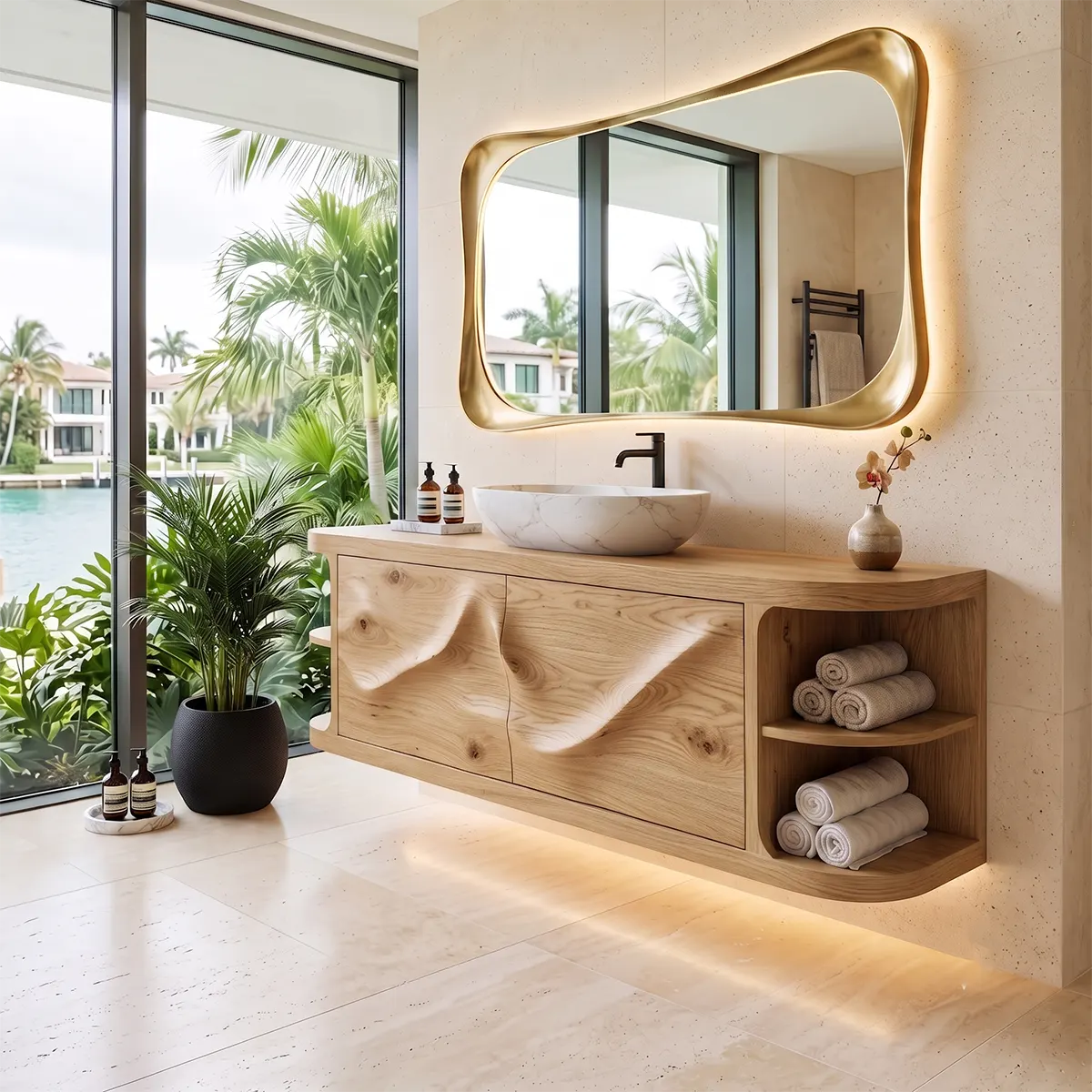 Floating Solid Wood Bathroom Vanity with Double-Door Cabinet & Open Shelves | Wall Mounted Bathroom Vanity with Fixed Storage TT006-9IGM7UG