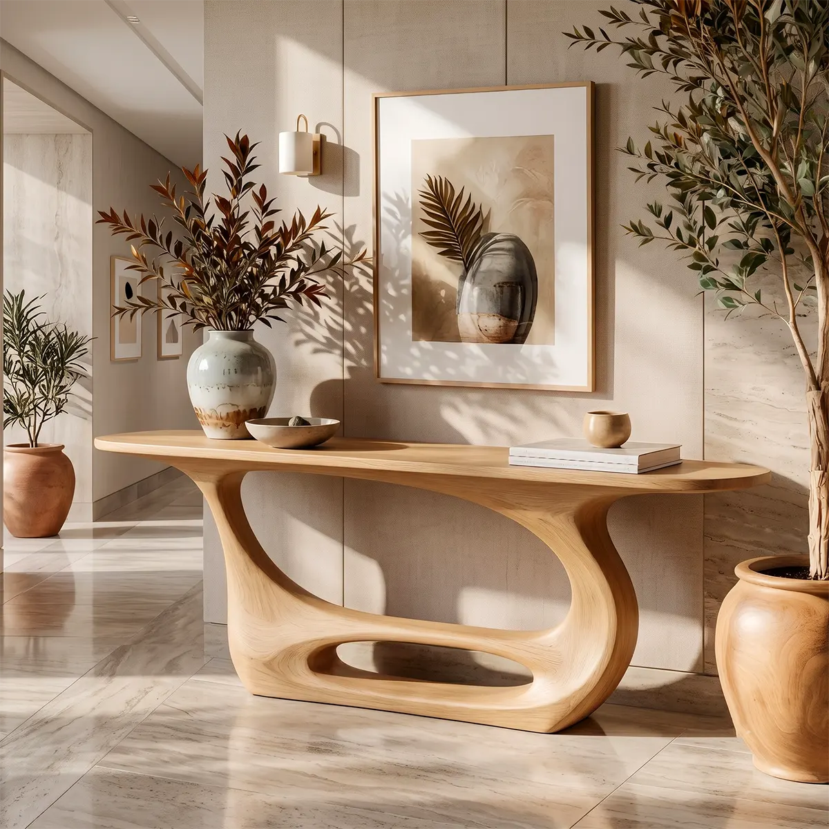 Organic Modern Console Table with Sculptural Open Base for Entryway & Living Room TT006-9597