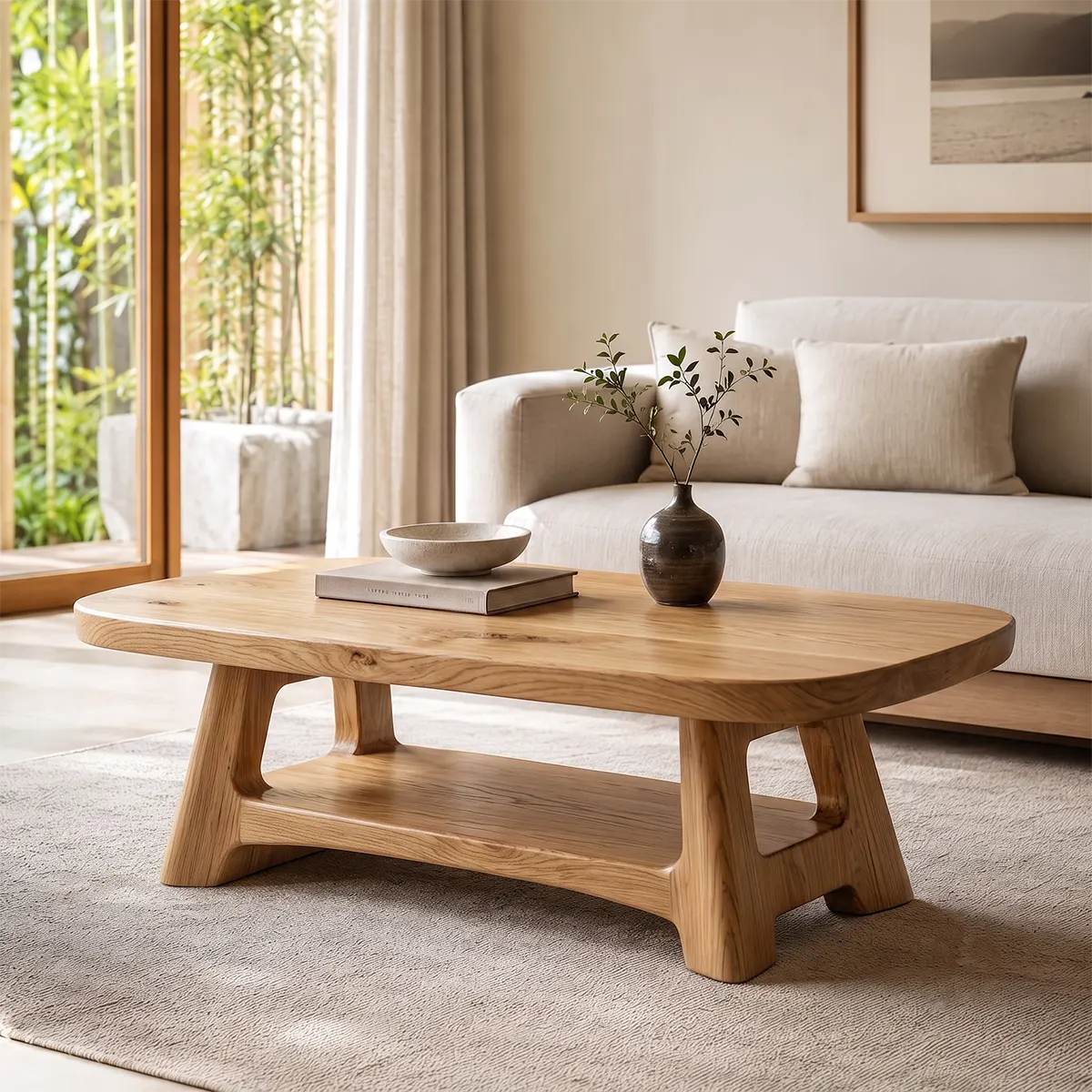 Solid Wood Coffee Table with Storage Shelf | Modern Organic Living Room Table TT006-5345