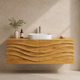 Floating Bathroom Vanity with 2 Doors | Carved Wave Front Wall Mounted Vanity Cabinet