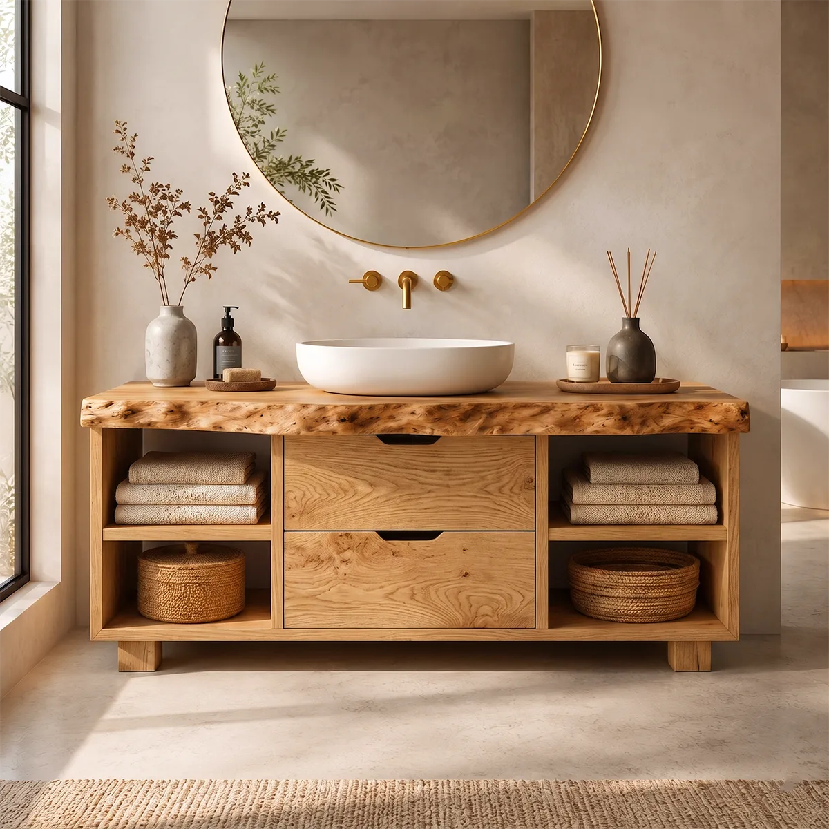 Freestanding Bathroom Vanity with Drawers & Open Shelves | Live Edge Wood Vanity Cabinet