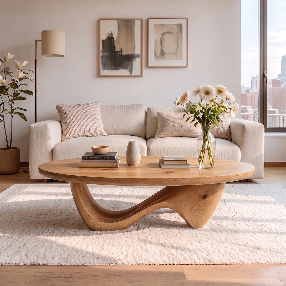 Sculptural Coffee Table with Curved Wave Base | Organic Oval Center Table