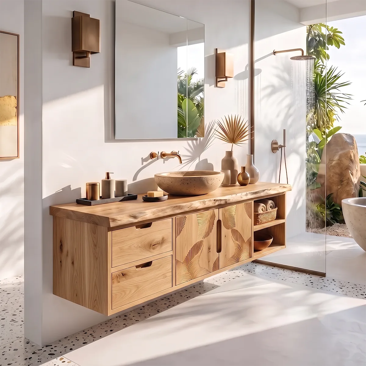Floating Solid Wood Bathroom Vanity | Modern Bathroom Vanity with Drawers, Cabinet and Open Shelf TT006-6VOS2CB