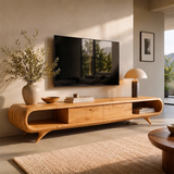Sculptural Curved TV Stand with Open Shelves & Concealed Storage | Modern Low Profile Media Console