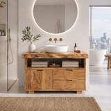Freestanding Bathroom Vanity with Storage & Open Shelf | Live Edge Modern Design