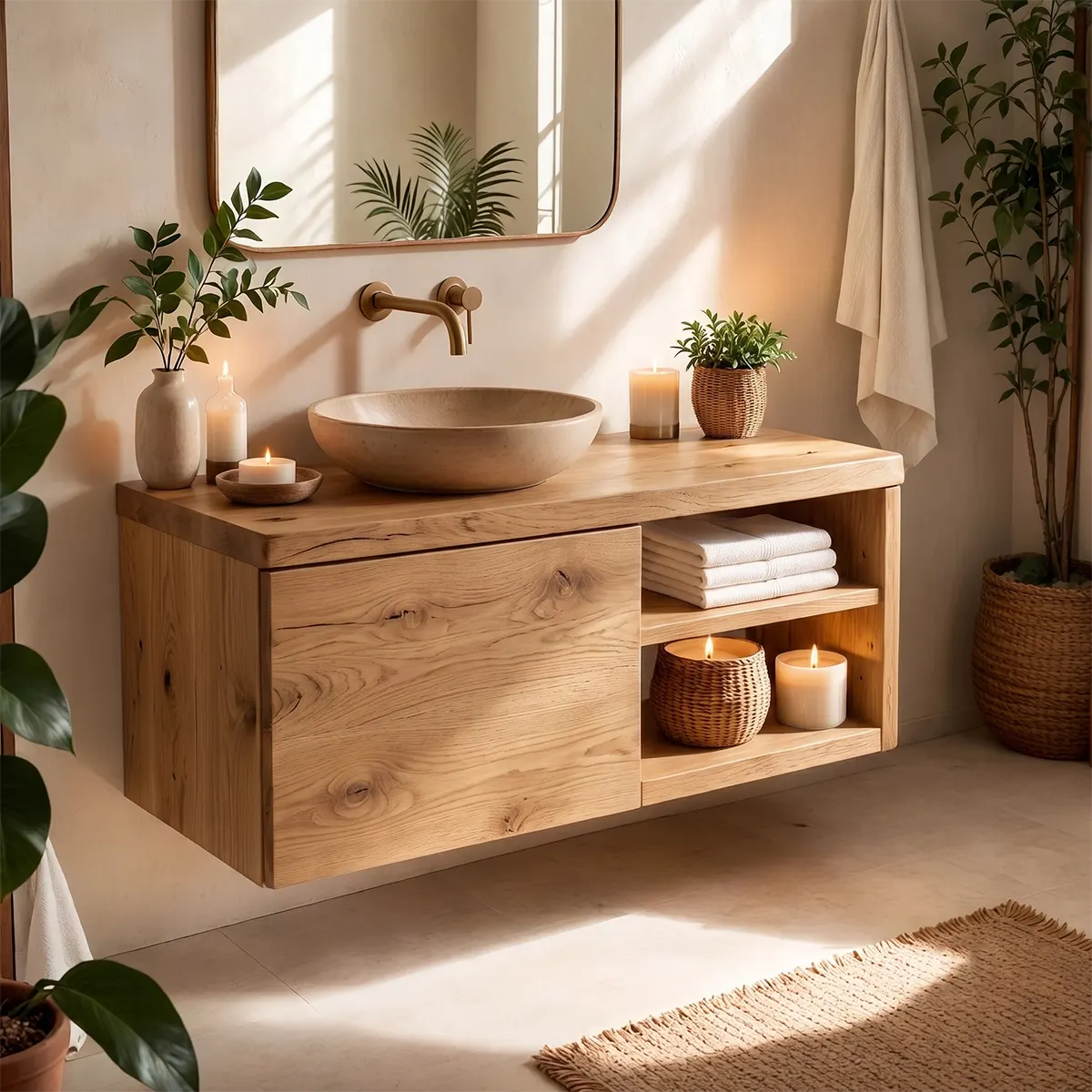 Floating Solid Wood Bathroom Vanity with Single-Door Cabinet & Open Shelves | Wall Mounted Bathroom Vanity with Fixed Storage TT006-5WWS2ST