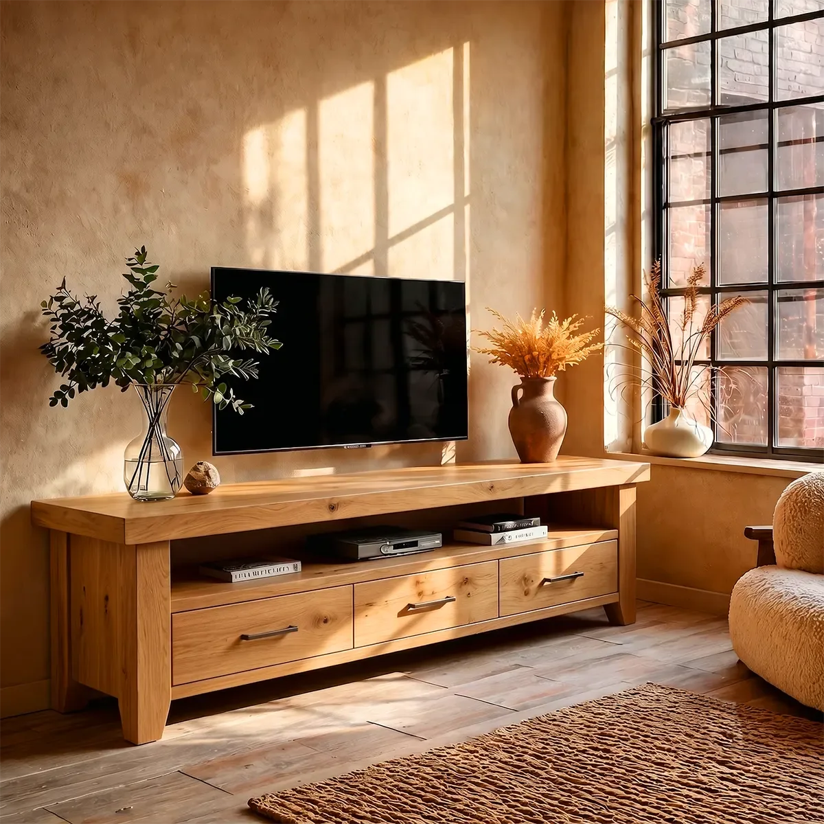 Modern TV Stand with 3 Drawers & Open Shelf | Long Low Profile Media Console