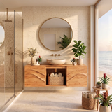 Floating Bathroom Vanity with 2 Sculpted Wave Doors & Center Open Storage Compartment