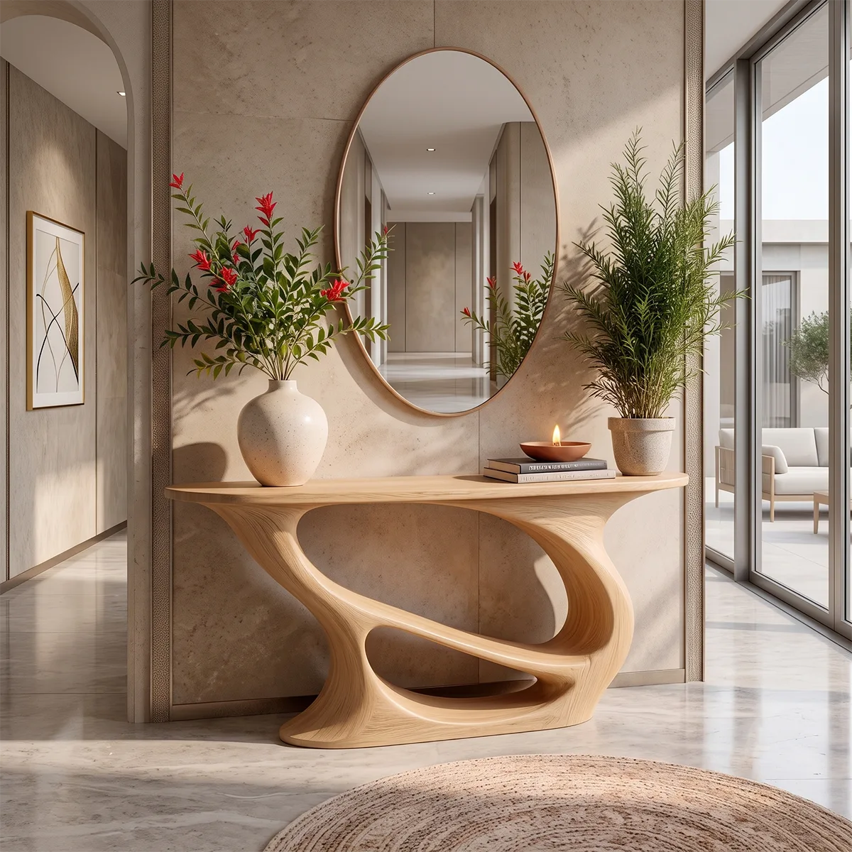 Organic Modern Console Table with Sculptural Double-Loop Base for Entryway TT006-6035
