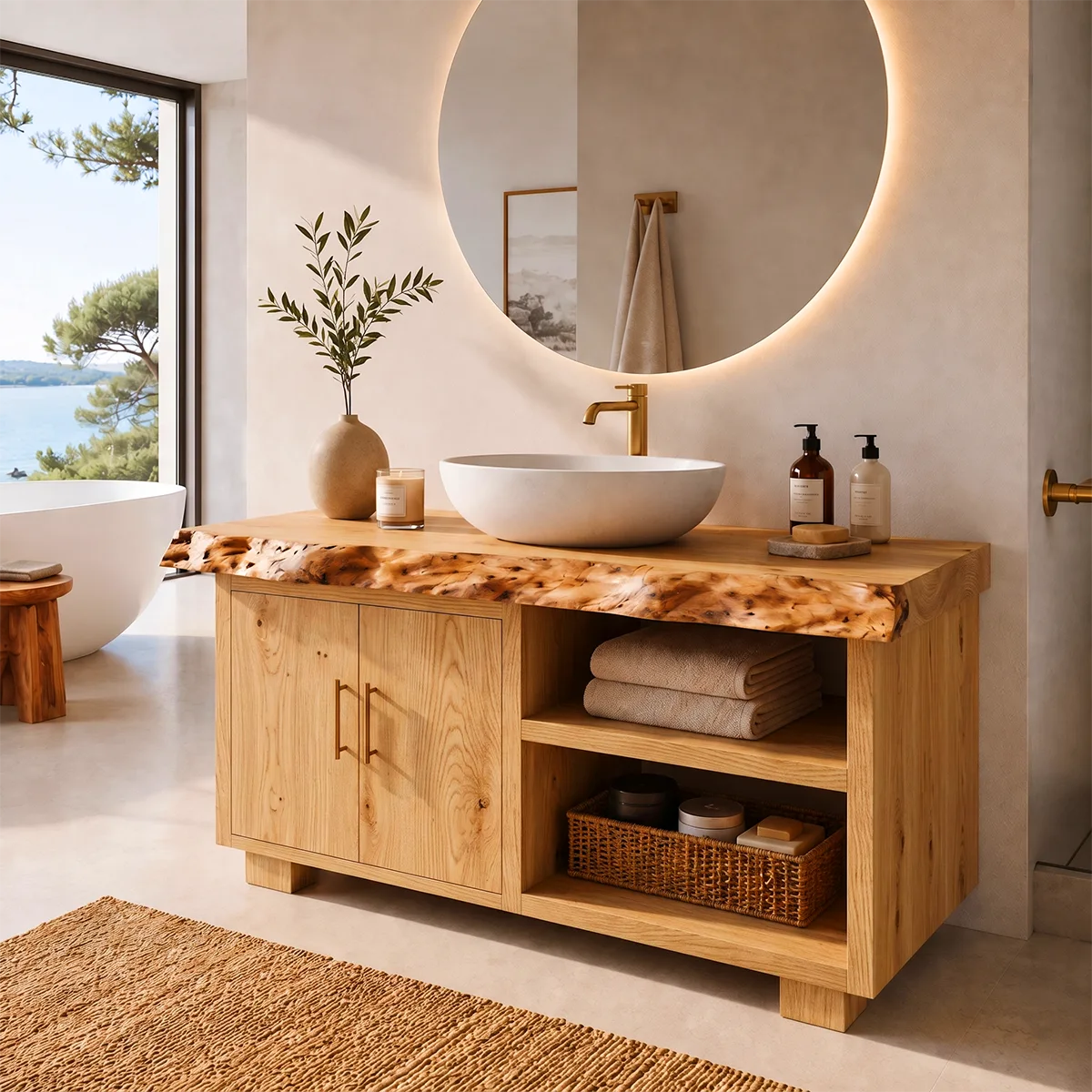 Freestanding Bathroom Vanity with 2 Doors & Open Shelves | Live Edge Vanity Cabinet with Storage