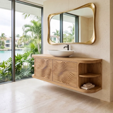 Floating Solid Wood Bathroom Vanity with Double-Door Cabinet & Open Shelves | Wall Mounted Bathroom Vanity with Wave Carved Doors TT006-3MZX2XI