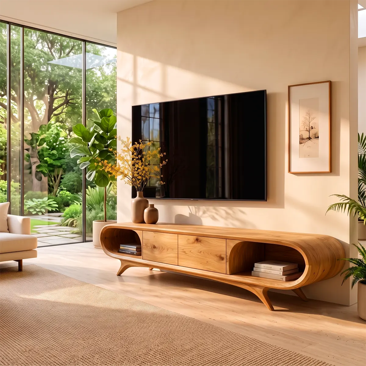 Sculptural Curved TV Stand with 2 Concealed Storage Compartments & Open Shelves | Modern Media Console