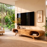 Sculptural Curved TV Stand with 2 Concealed Storage Compartments & Open Shelves | Modern Media Console