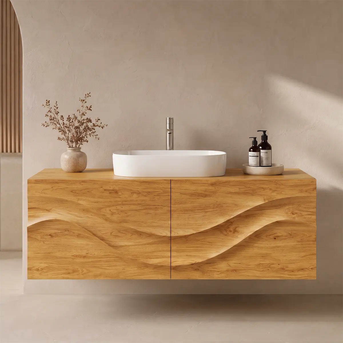 Floating Bathroom Vanity with 2 Doors | Sculpted Wave Front Wall Mounted Vanity Cabinet