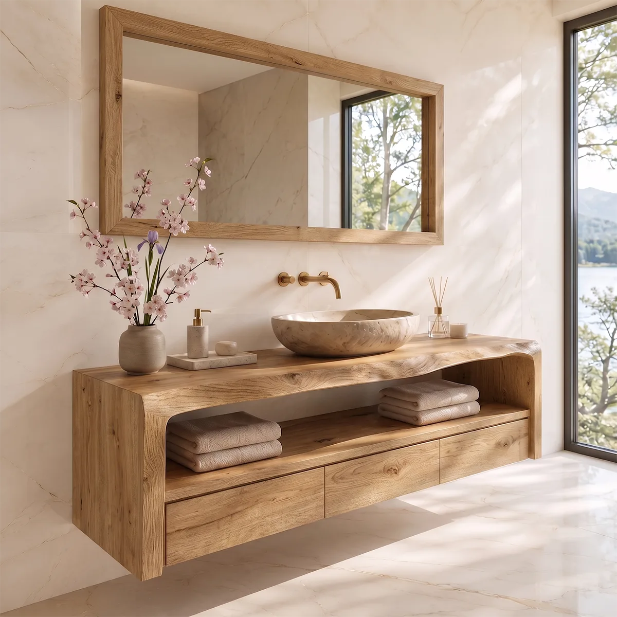 Floating Solid Wood Bathroom Vanity | Live Edge Bathroom Vanity with 3 Soft-Close Drawers and Open Shelf TT006-5FPH5WZ