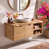 Floating Solid Wood Bathroom Vanity | Wall Mounted Single Sink Vanity with Double-Door Cabinet & Open Side Shelves TT006-8RLE6IL