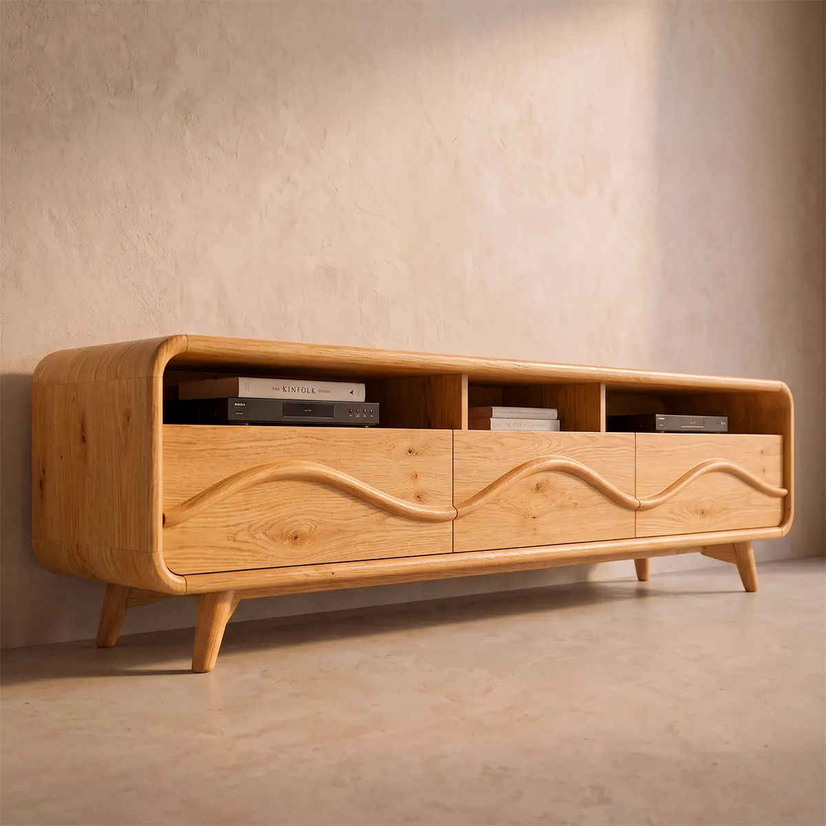 Modern Wave Front TV Stand with 3 Drawers & Open Storage | Curved Entertainment Console