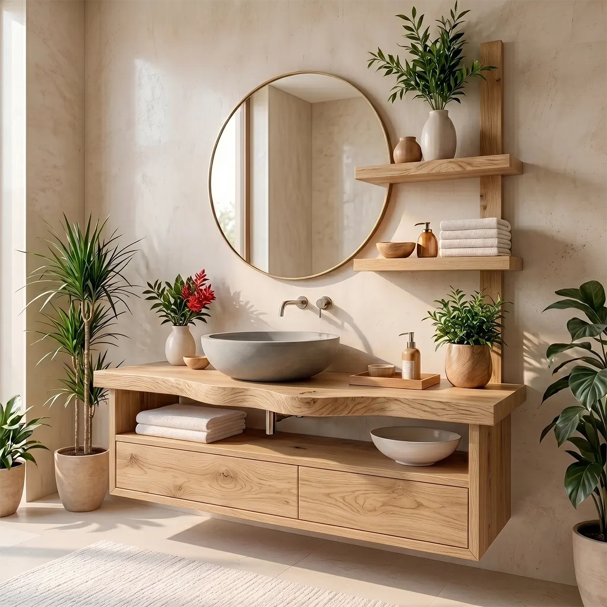 Floating Solid Wood Bathroom Vanity | Modern Bathroom Vanity with Double Drawers and Open Shelf TT006-7HIS6ML