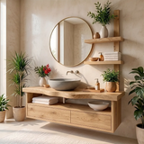 Floating Solid Wood Bathroom Vanity | Modern Bathroom Vanity with Double Drawers and Open Shelf TT006-7HIS6ML