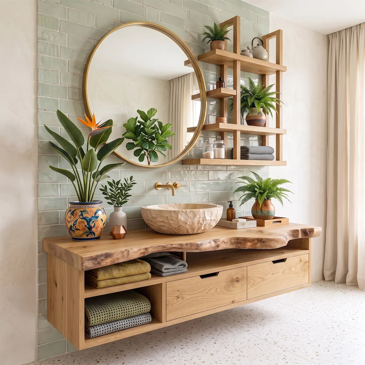 Floating Solid Wood Bathroom Vanity with Drawers & Open Shelves | Wall Mounted Bathroom Vanity with Live Edge Countertop TT006-8CNN1NN