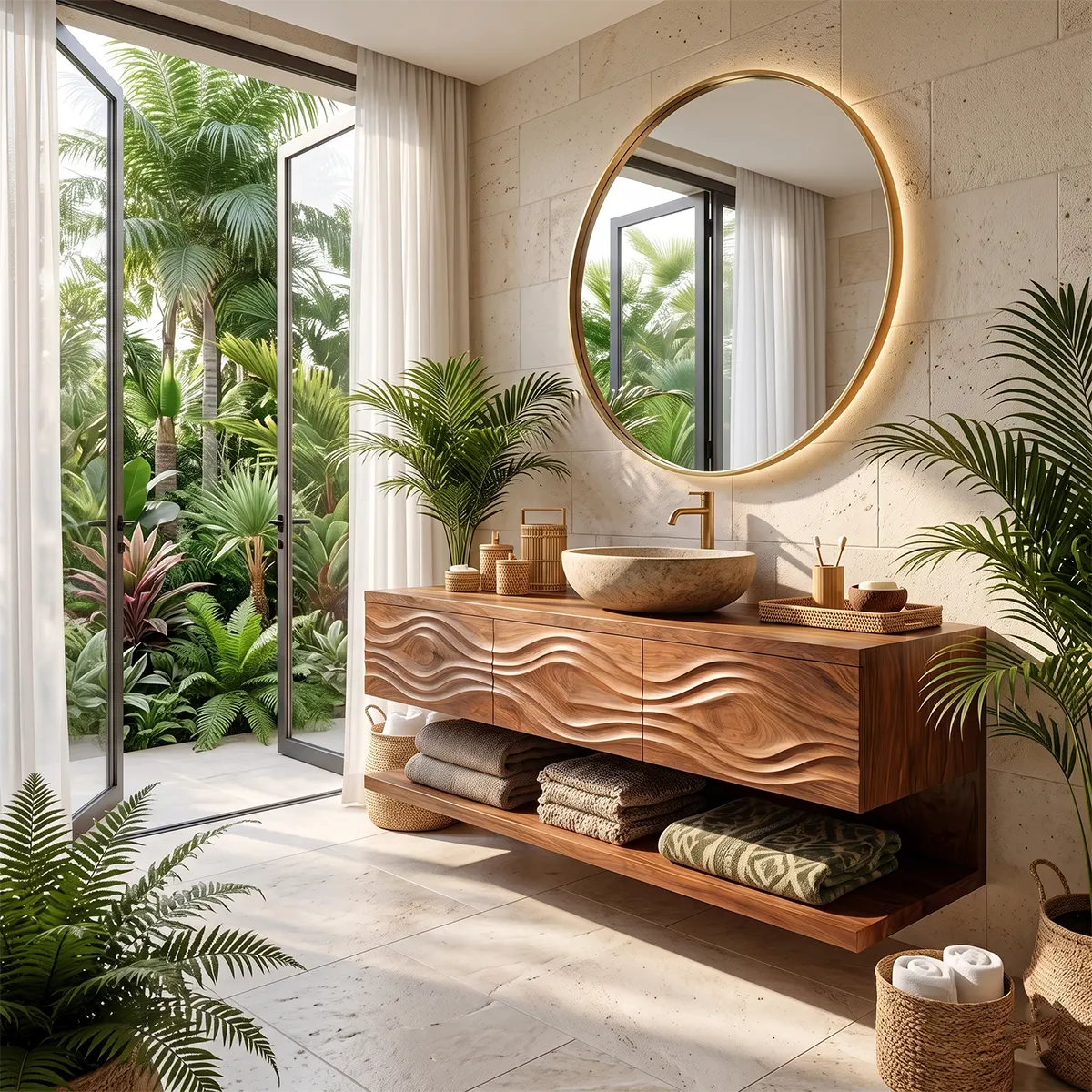 Floating Bathroom Vanity with 3 Drawers & Full-Length Open Shelf | Sculptural Wave Front Design