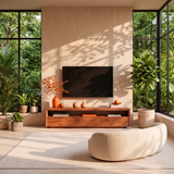 Modern TV Stand with 3 Enclosed Storage Compartments & Long Open Media Shelf
