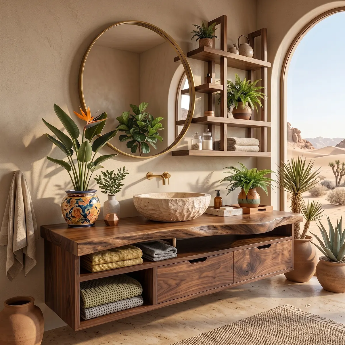 Floating Solid Wood Bathroom Vanity with Drawers & Open Shelves | Wall Mounted Bathroom Vanity with Live Edge Countertop TT006-8CNN1NN