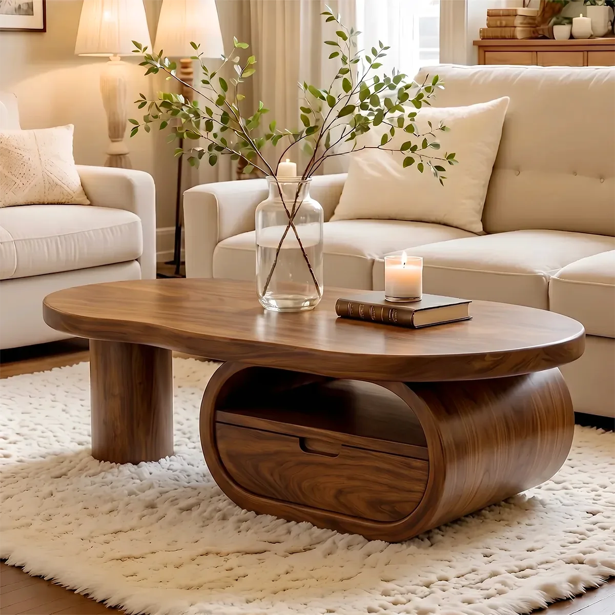 Organic Wood Coffee Table with Drawer and Open Shelf | Sculptural Oval Living Room Center Table