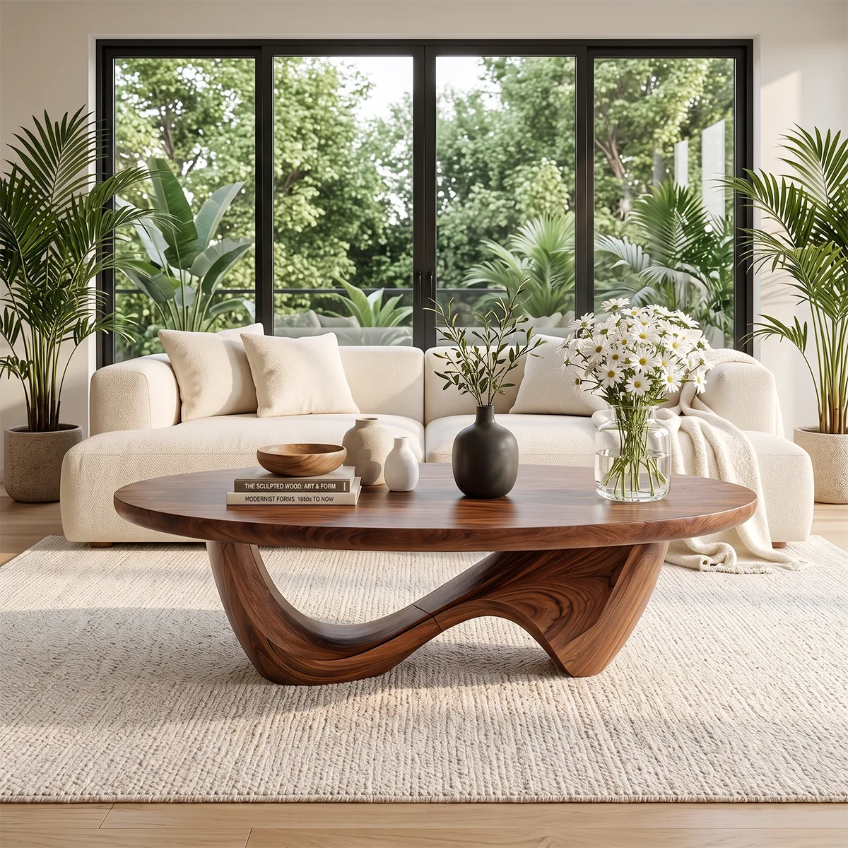 Sculptural Coffee Table with Curved Wave Base | Organic Oval Center Table