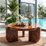 Modern Round Coffee Table with 3 Sculptural Panel Legs | Organic Contemporary Living Room Table