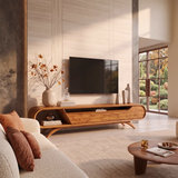 Modern Curved TV Stand with 3 Drawers & Open Storage Areas | Sculptural Media Console