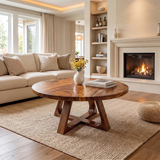 Round Wood Coffee Table with Sculptural Geometric Base | Modern Organic Center Table