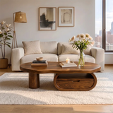 Organic Wood Coffee Table with Drawer and Open Shelf | Sculptural Oval Living Room Center Table