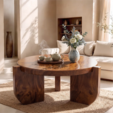 Modern Round Coffee Table with 3 Sculptural Panel Legs | Organic Contemporary Living Room Table
