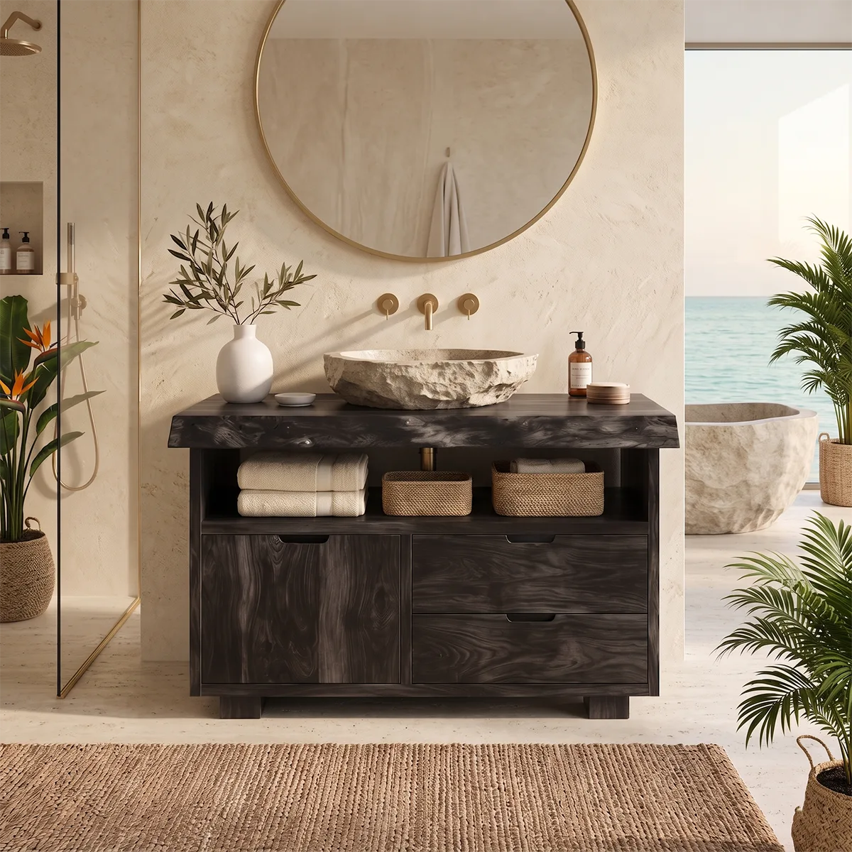 Freestanding Bathroom Vanity with Storage & Open Shelf | Live Edge Modern Design