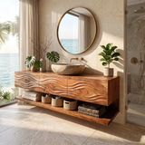 Floating Bathroom Vanity with 3 Drawers & Full-Length Open Shelf | Sculptural Wave Front Design
