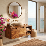 Floating Solid Wood Bathroom Vanity | Wall Mounted Single Sink Vanity with Double-Door Cabinet & Open Side Shelves TT006-8RLE6IL