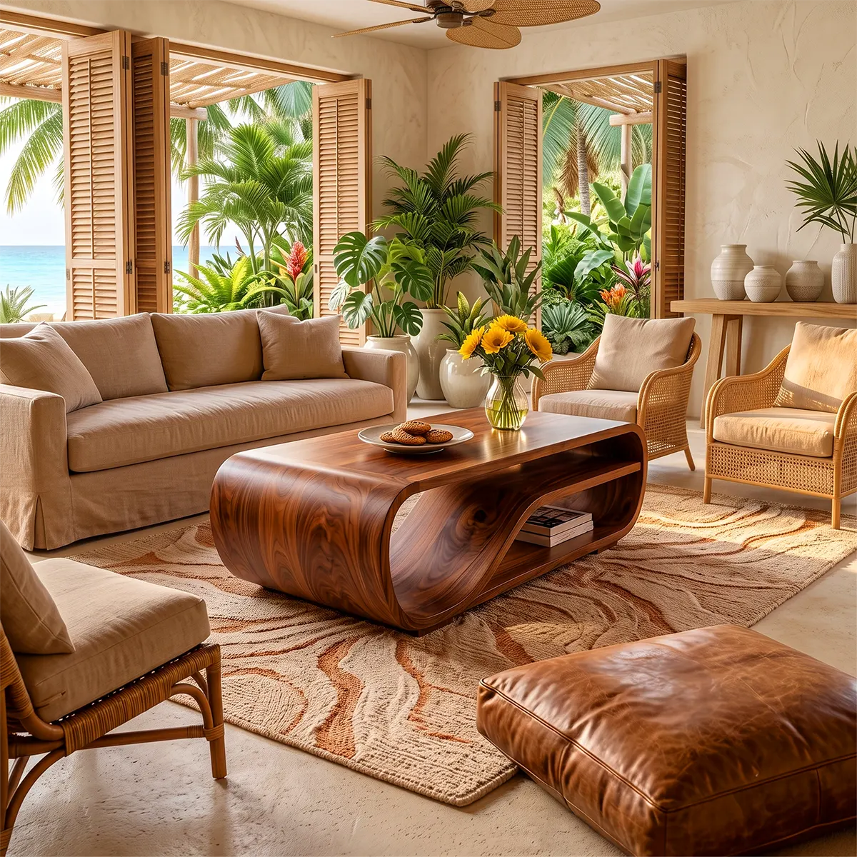 Curved Solid Wood Coffee Table with Storage | Modern Sculptural Living Room Center Table TT006-2757